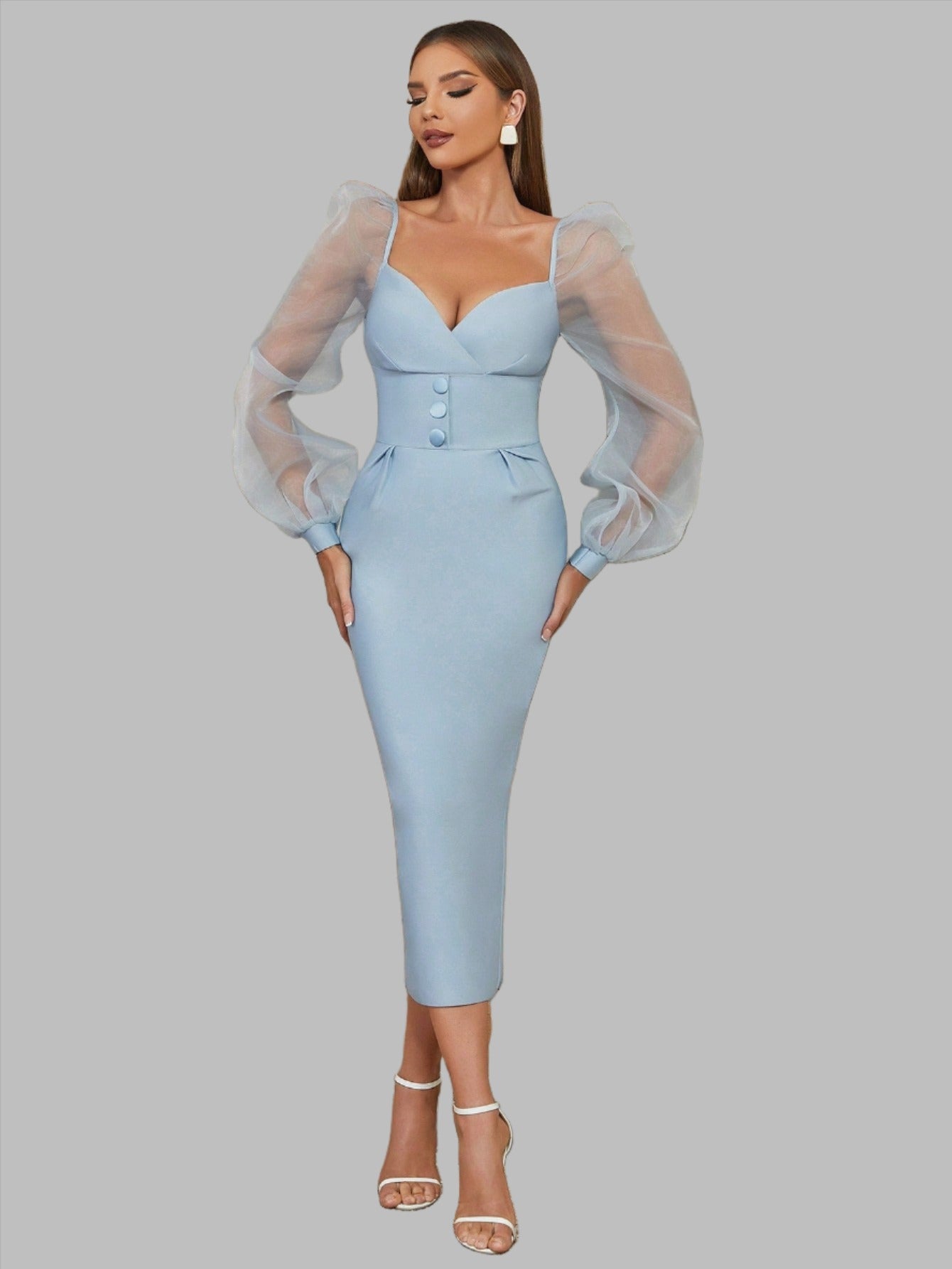 LLstyle Sweetheart Neck Contrast Mesh Lantern Sleeve Split Back Dress