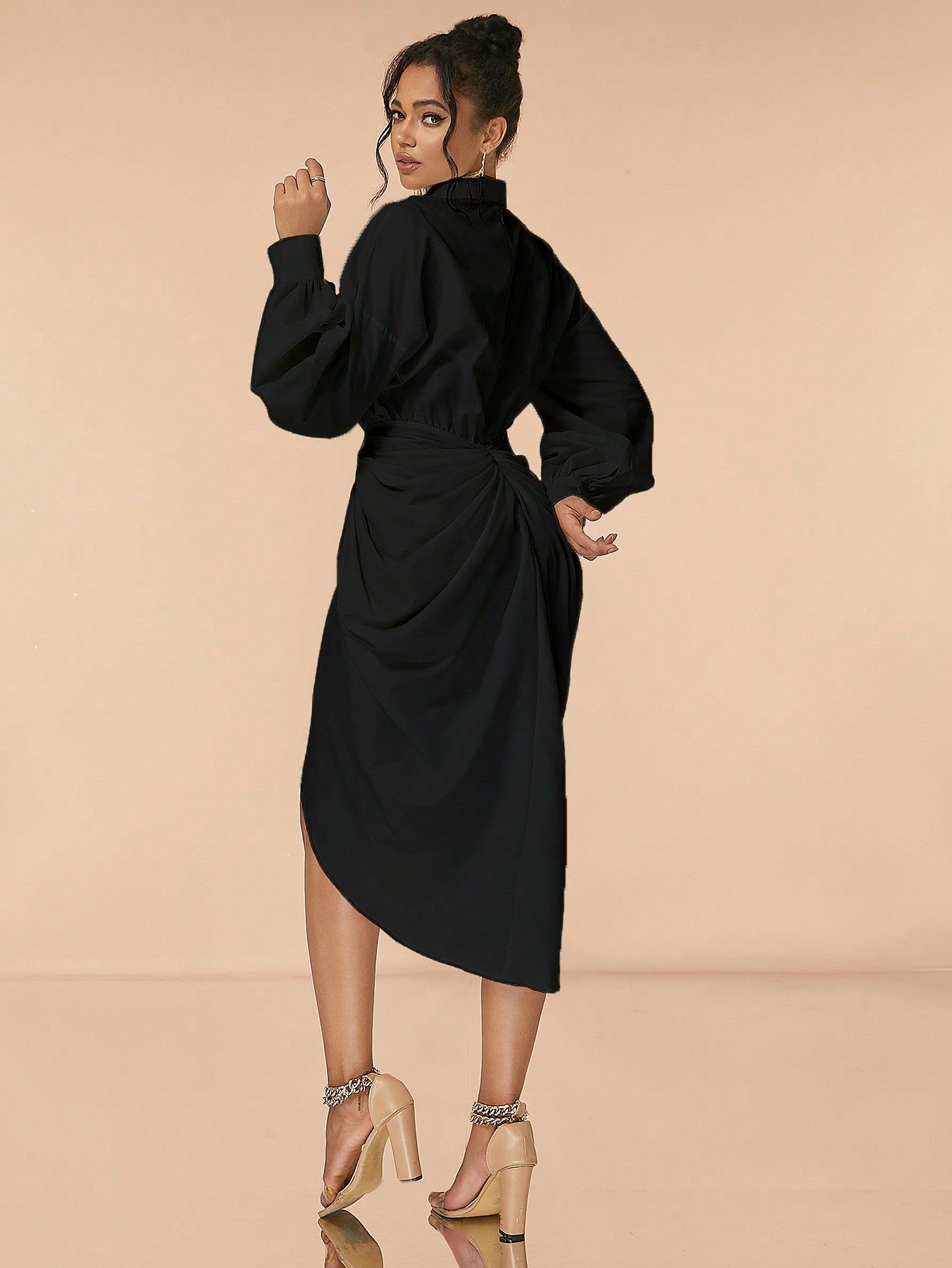 LLstyle Valentine Solid Drop Shoulder Ruched Shirt Dress