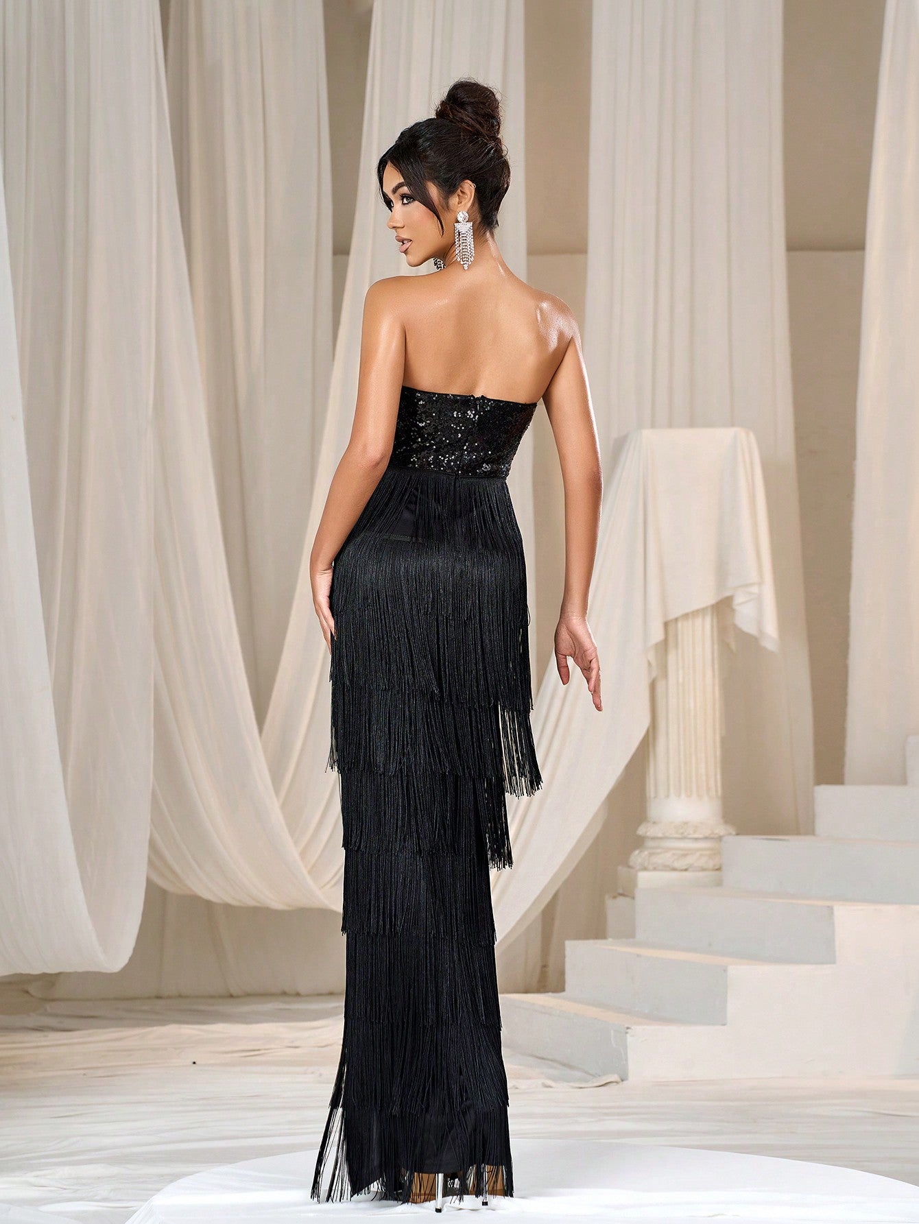 LLstyle Split Thigh Fringed Hem Sequin Tube Dress