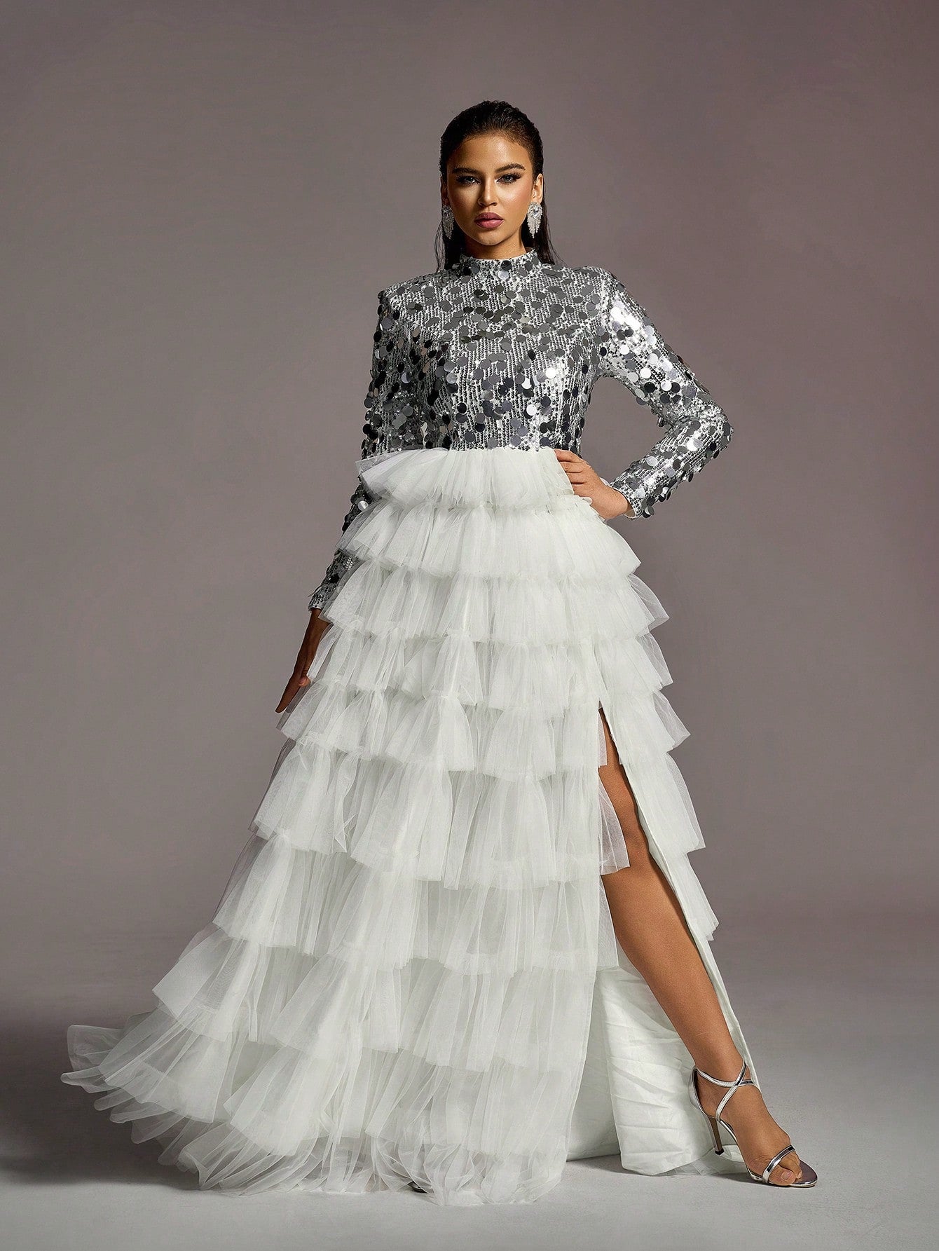 LLstyle Neck Sequin Bodice Contrast Layered Mesh Hem Wedding Dress