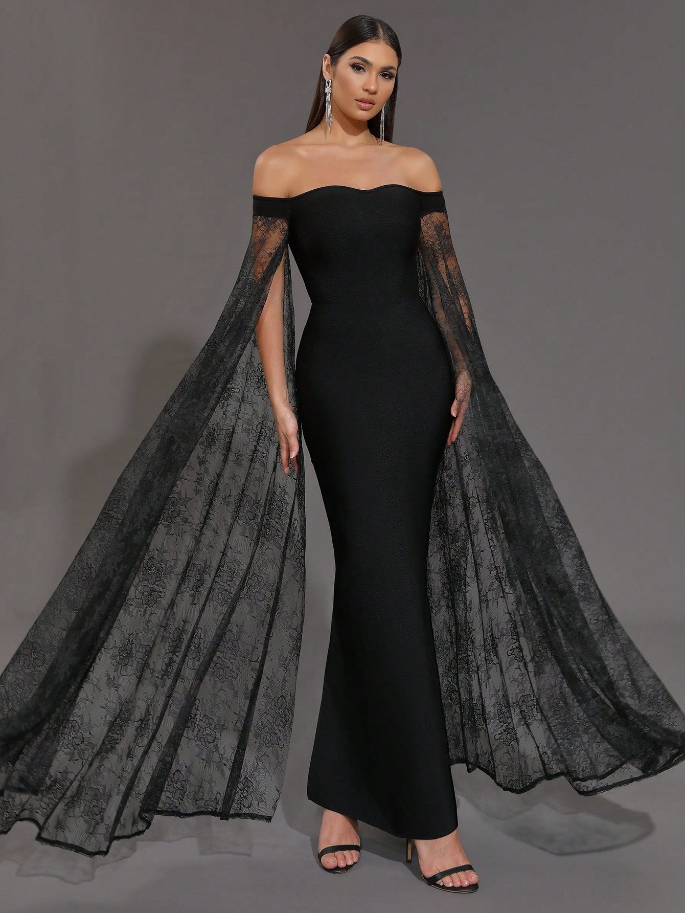 LLstyle Elegant Black Off-Shoulder Lace Patchwork Flowy Bandage Dress