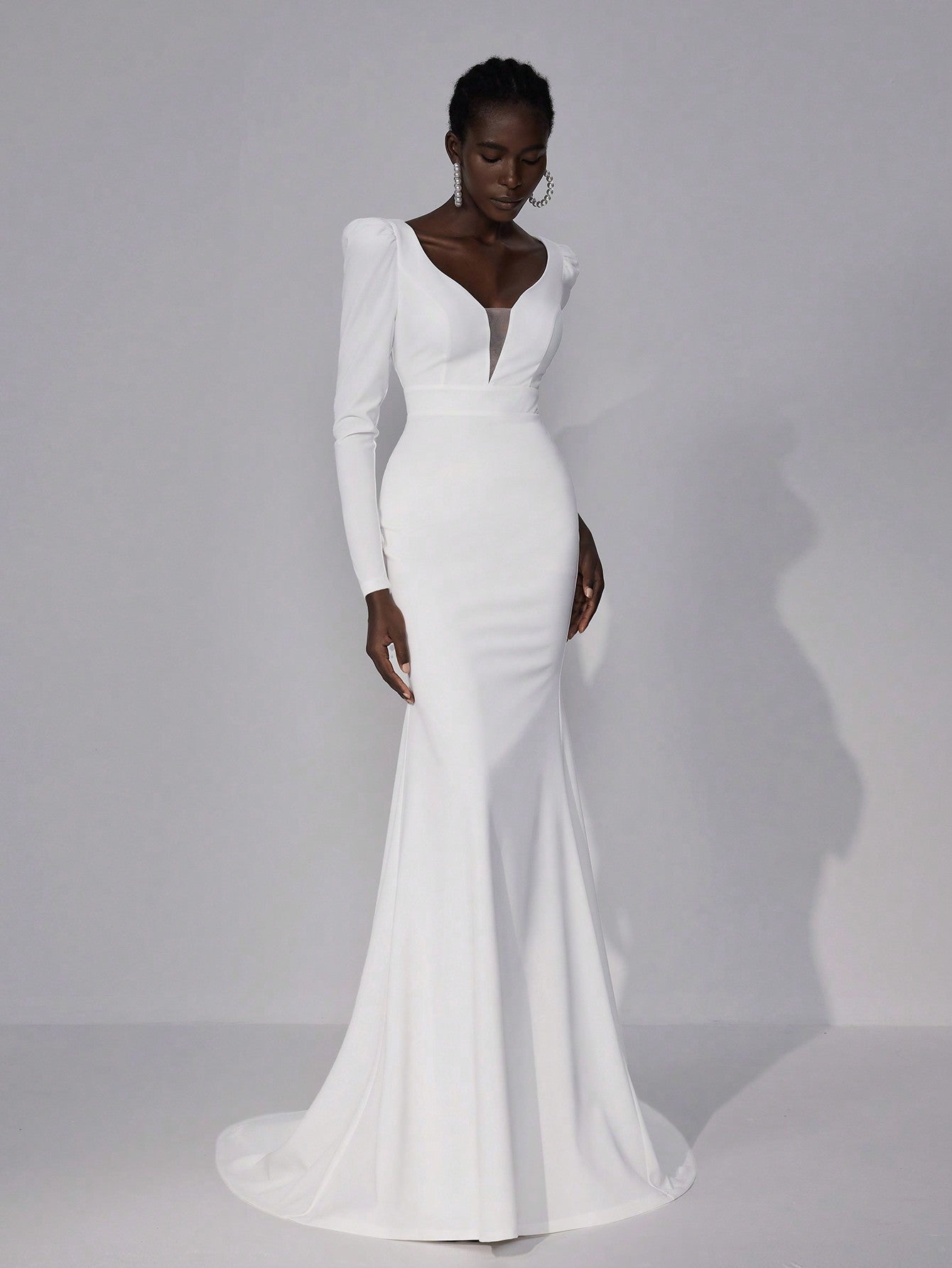 LLstyle Open Back V-Neck Stretchy Knit Mermaid Maxi Dress