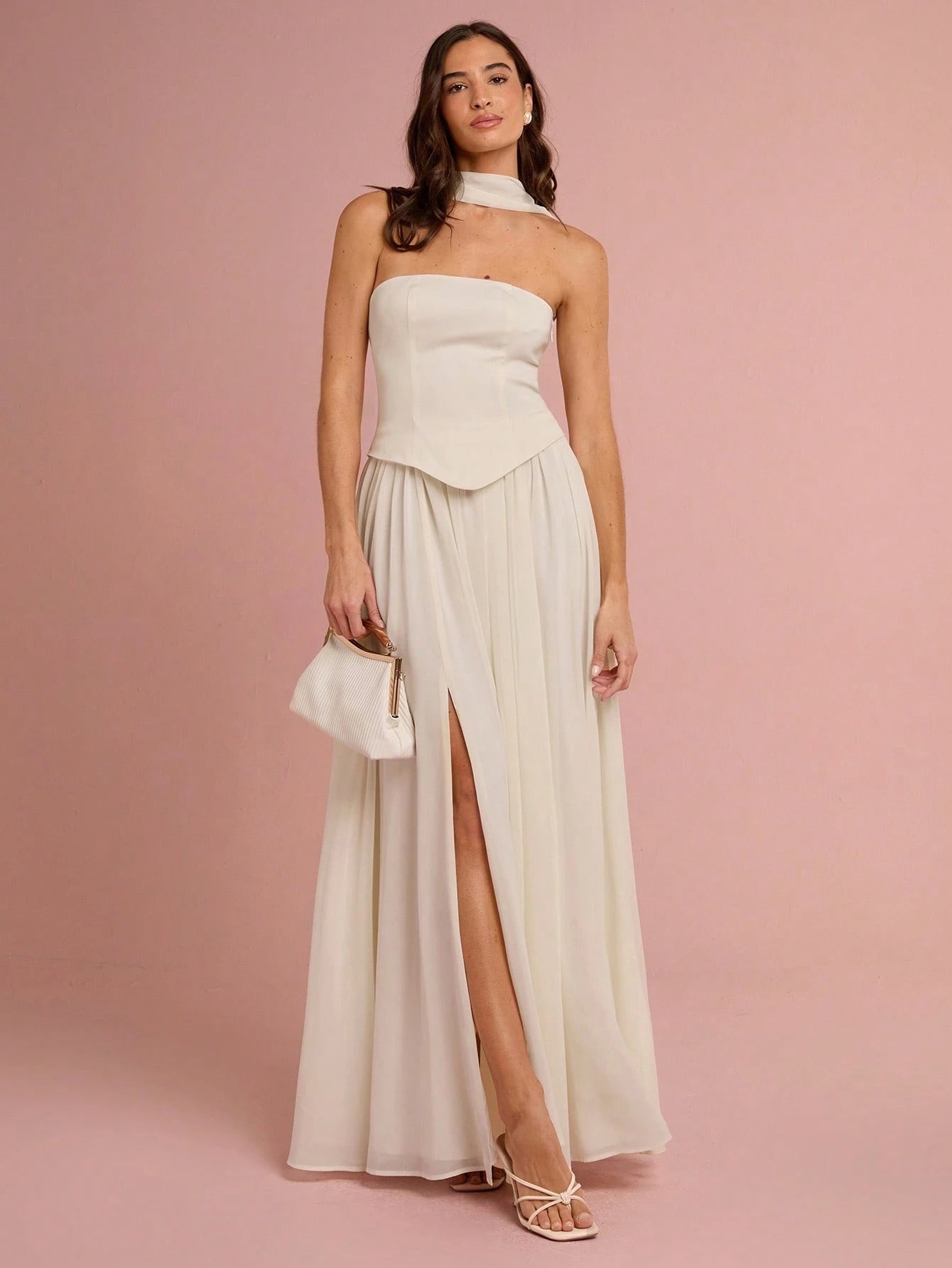 LLstyle Women's Cream White Pleated Hem Criss-Cross Dress