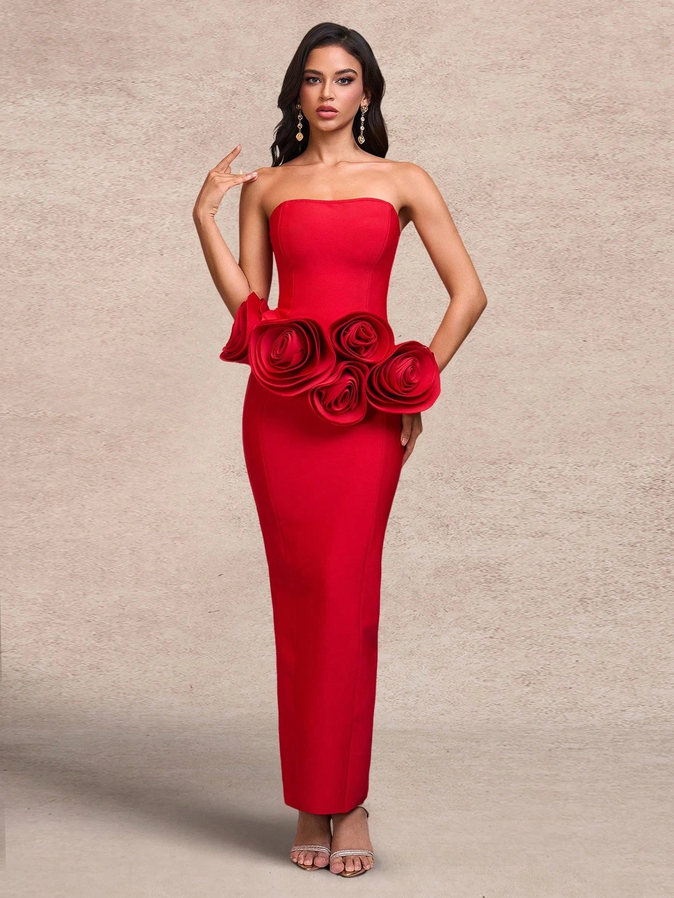 LLstyle Strapless Fashionable Three-Dimensional Large Flower Party Slim Dress