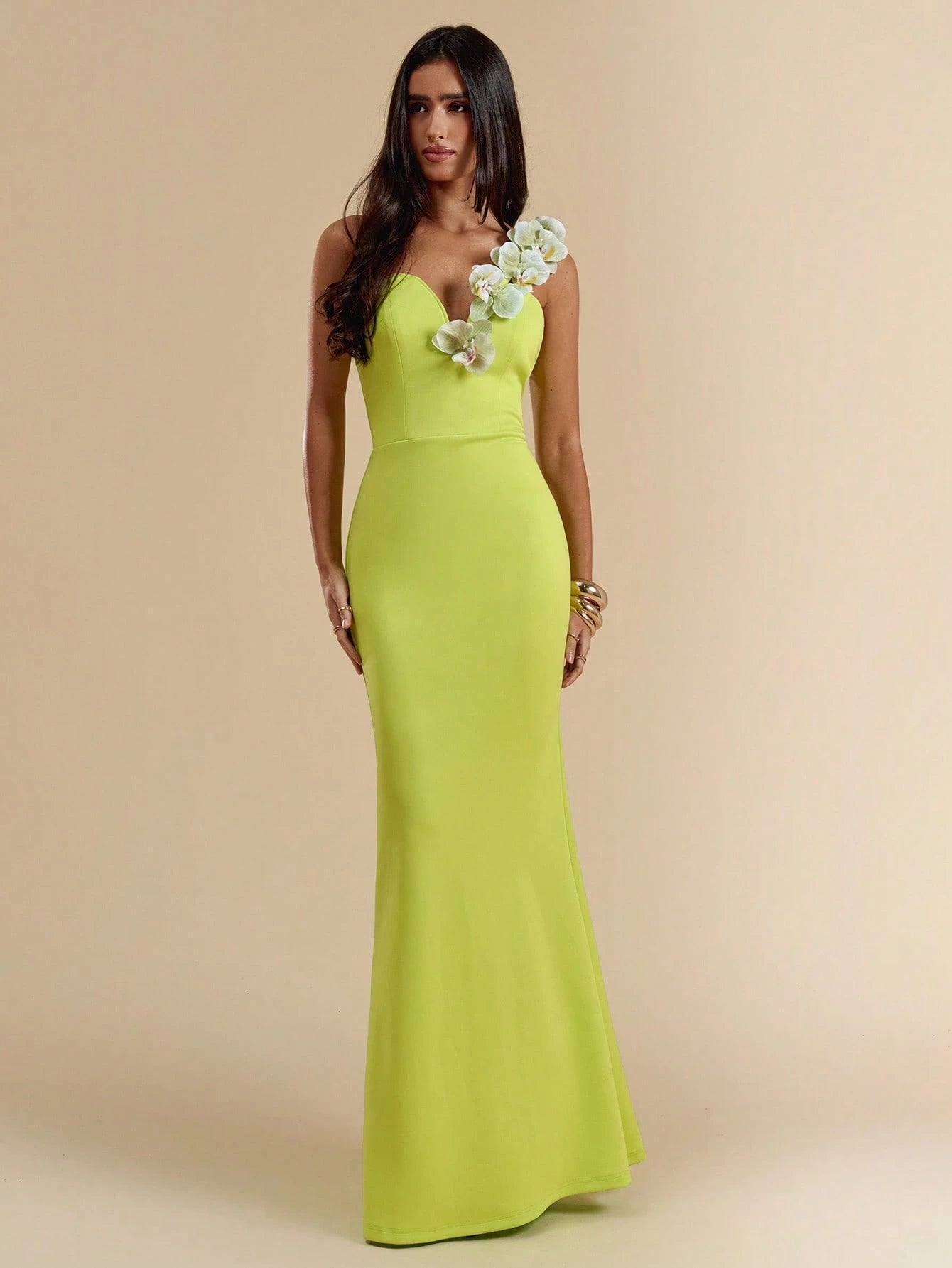 LLstyle Solid Yellow-Green Deep V-Neck Asymmetric Shoulder Tight-Fit Long Fish Tail Dress