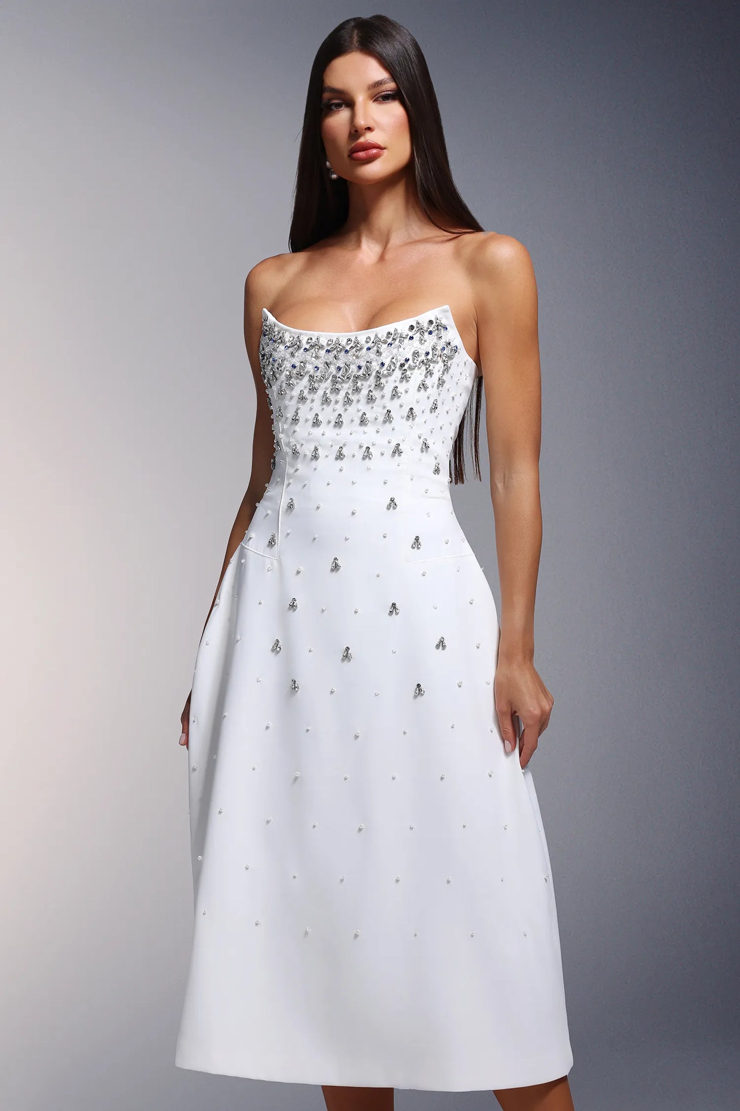 LLstyle White Embellished Strapless Midi Dress