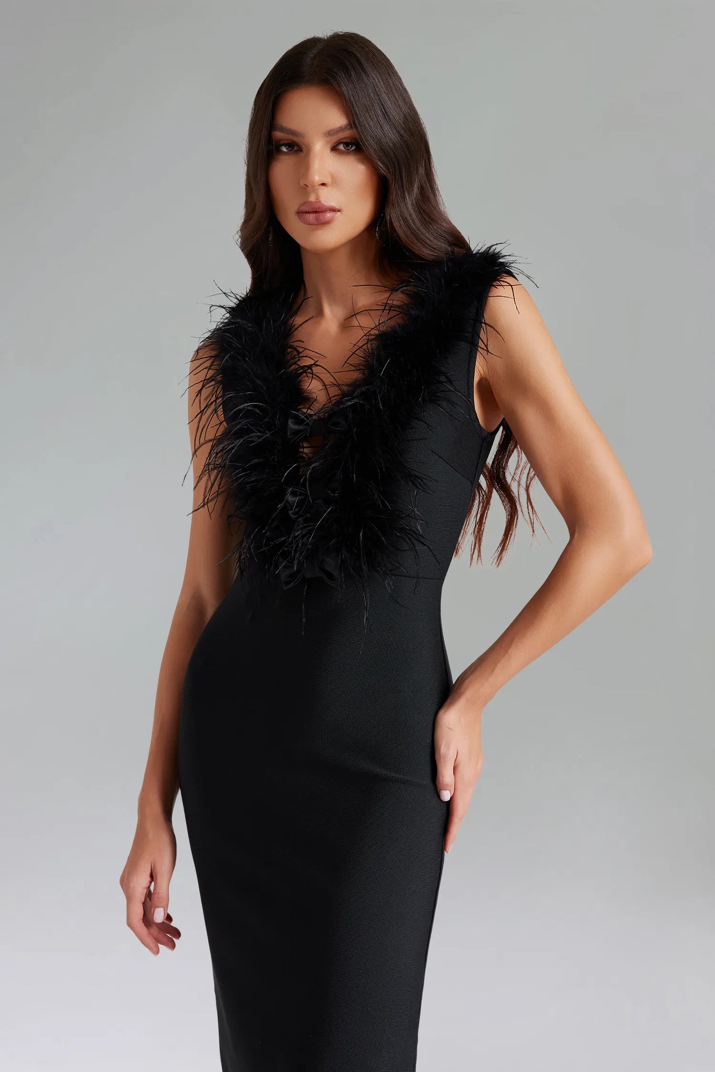 LLstyle Feather-Trim V-Neck Midi Dress