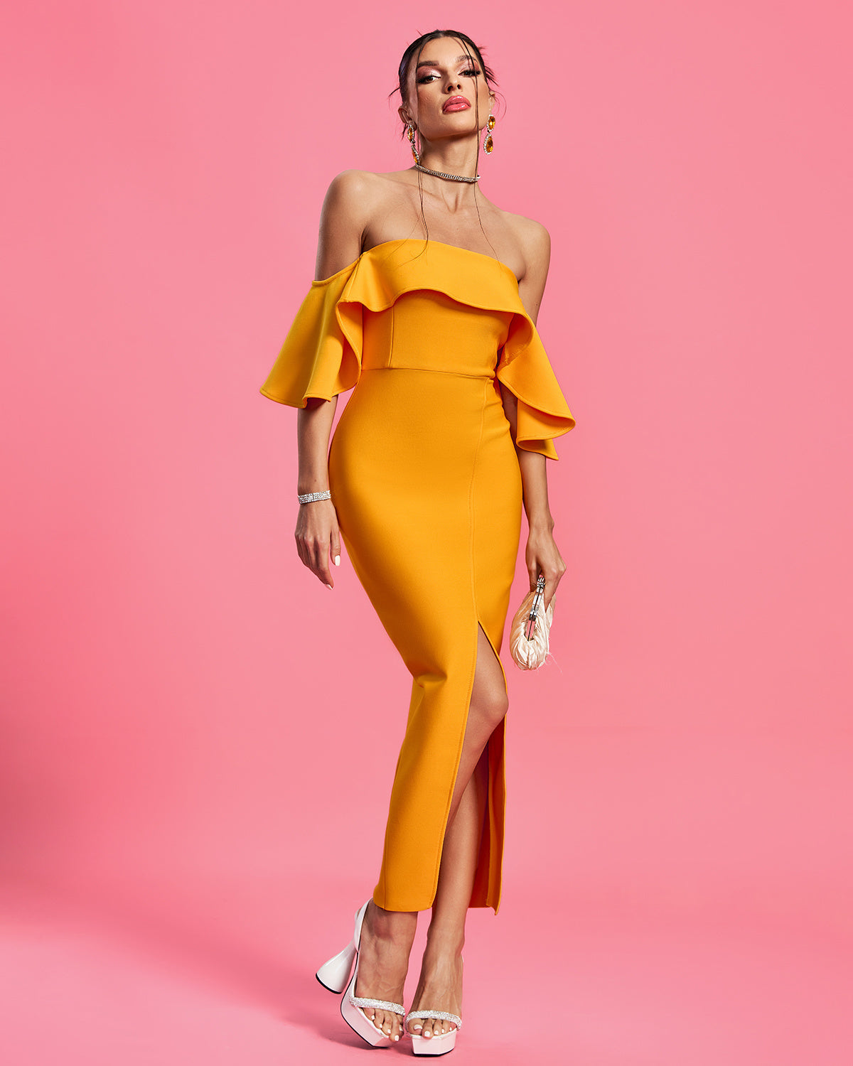 LLstyle Off Shoulder Golden Ruffle Dress