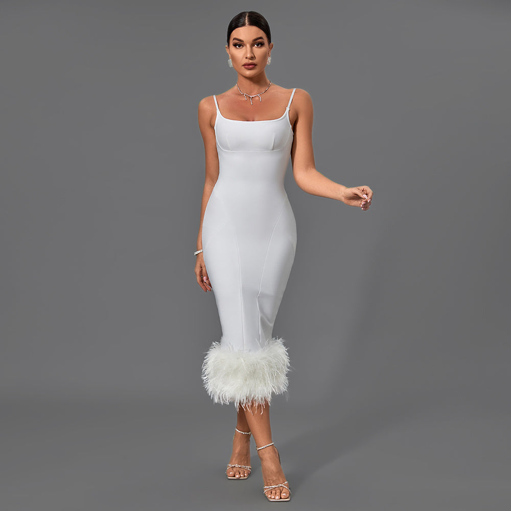 LLstyle White Feather-Hem Midi Dress