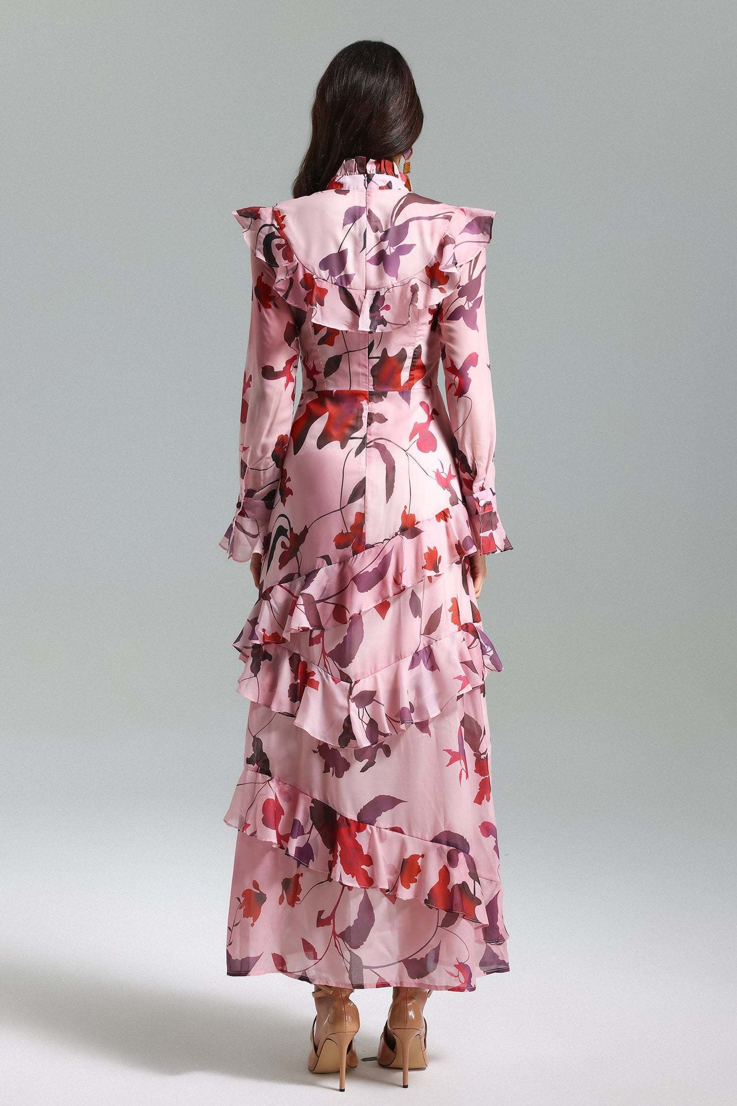 LLstyle Floral Ruffle High-Neck Maxi Dress