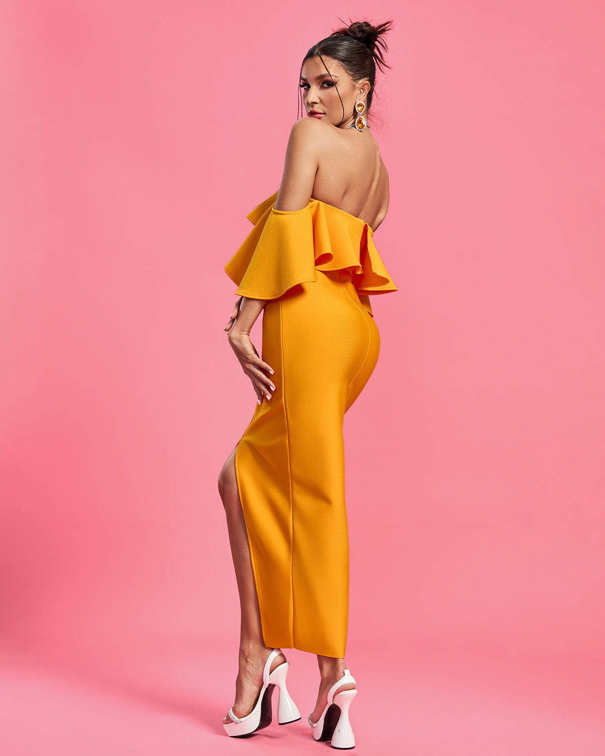LLstyle Mustard Off-Shoulder Ruffle Midi Dress