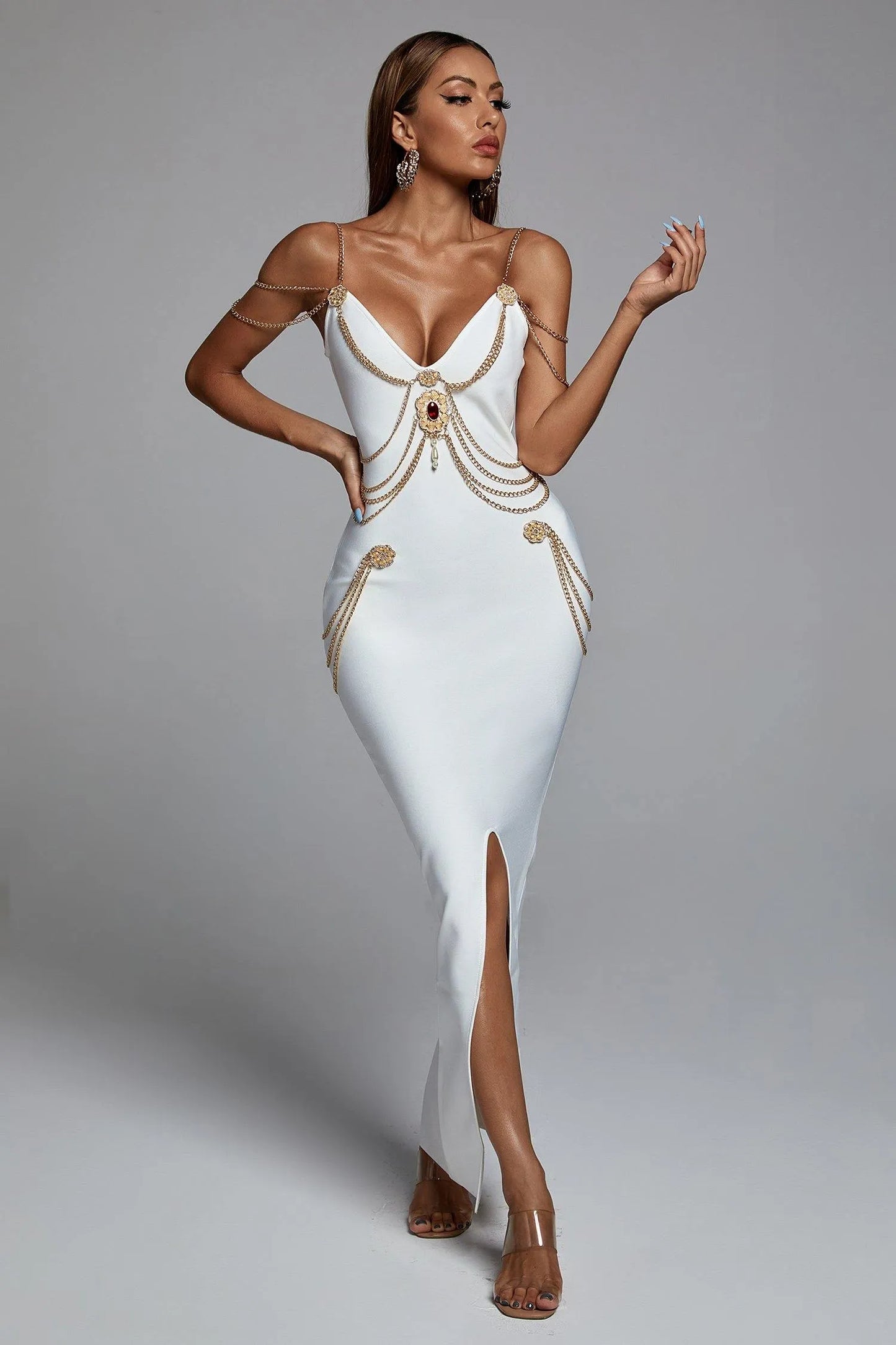LLstyle White Regal Chain-Embellished Maxi Dress