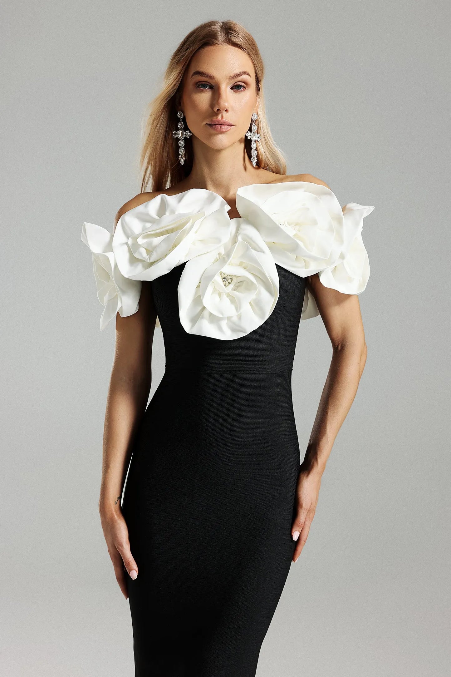 LLstyle Elegant Black Floral Off-Shoulder Midi Dress