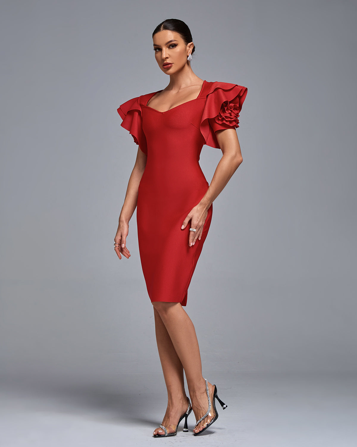 LLstyle Red Ruffle Sleeve Midi Dress