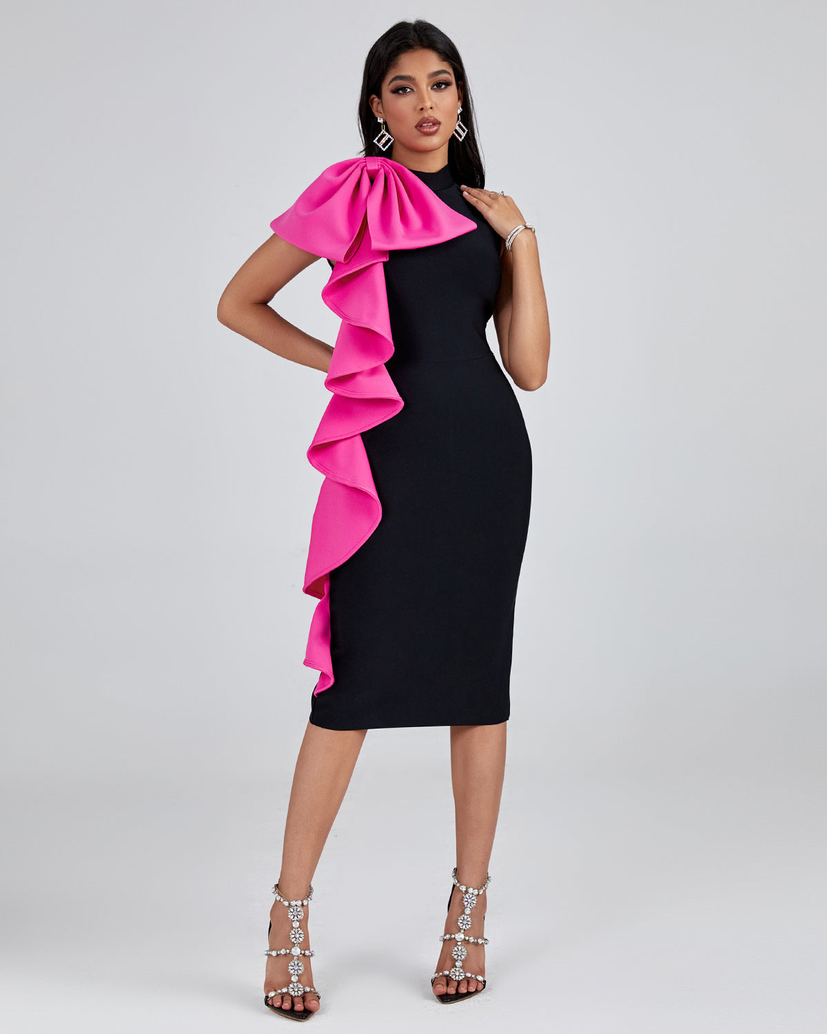 LLstyle Black Dress with Pink Statement Ruffle