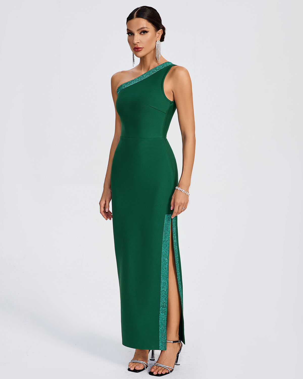 LLstyle Emerald One-Shoulder Sparkle Trim Gown