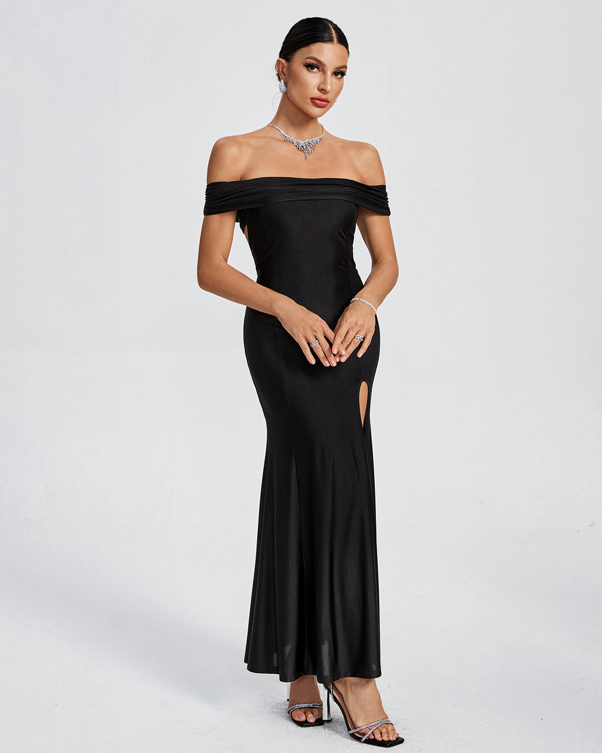 LLstyle Off-Shoulder Black Slit Evening Gown