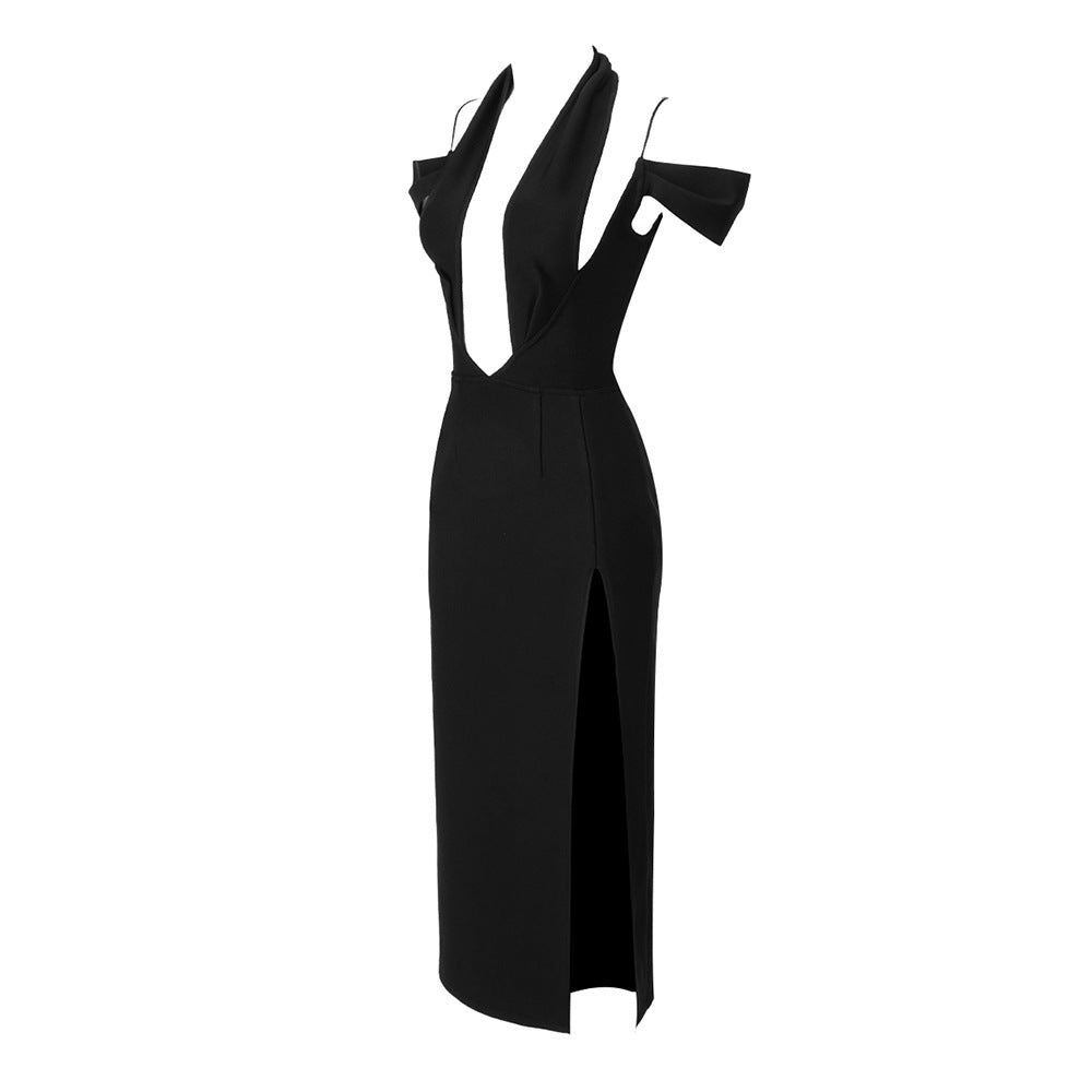 LLstyle Black Cross Halter Cutout Midi Dress