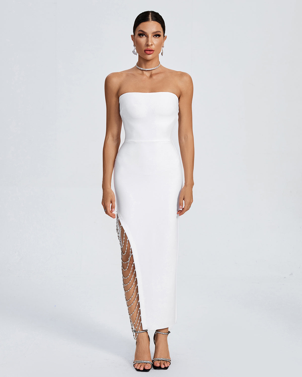 LLstyle White Strapless Crystal-Slit Midi Dress