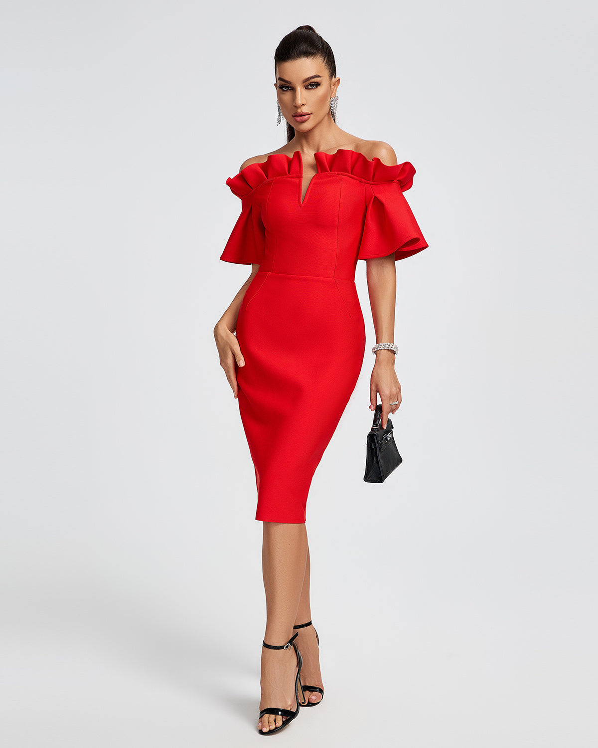 LLstyle Red Off Shoulder Ruffle Midi Dress