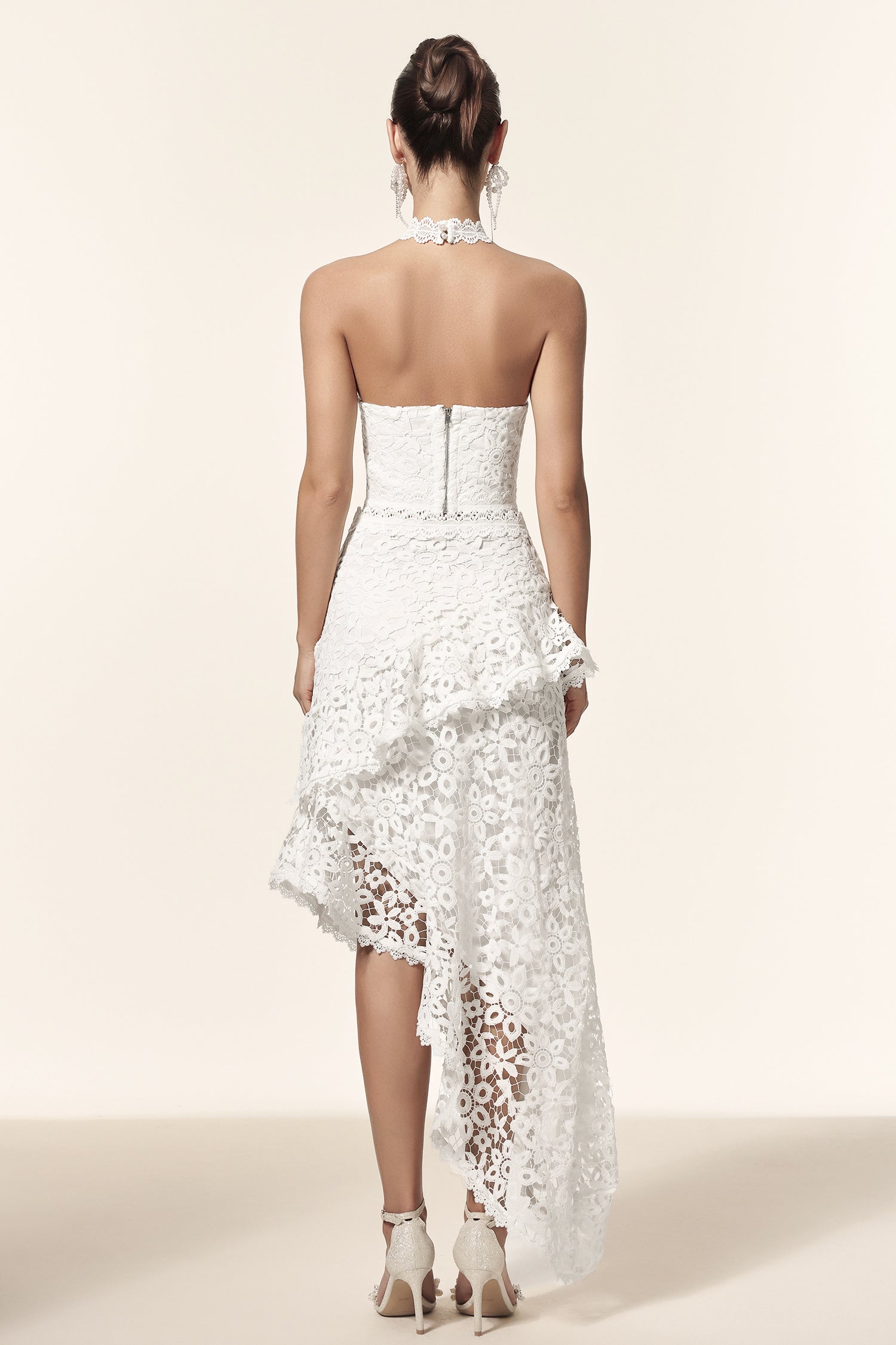 LLstyle White Lace Halter Crop Top & Asymmetrical Midi Skirt Set