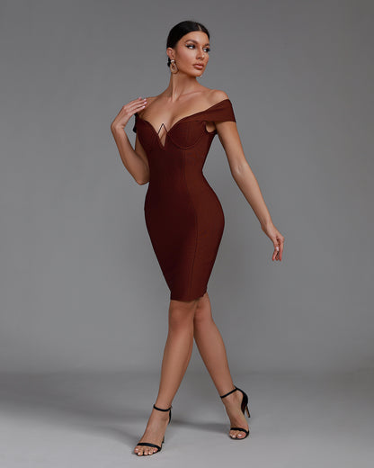 LLstyle Brown Off Shoulder Bandage Dress