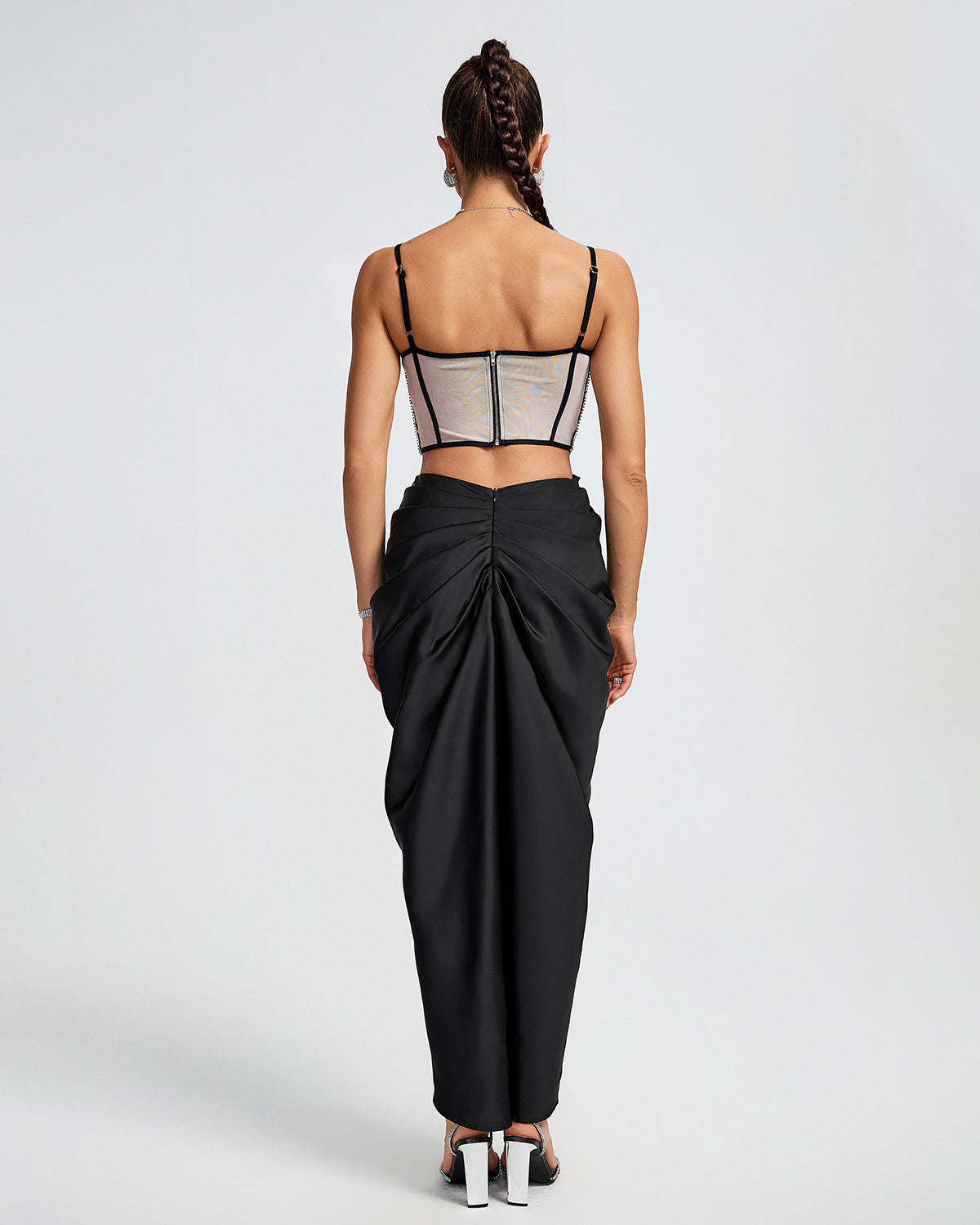 LLstyle Rhinestone Corset Satin Maxi Dress