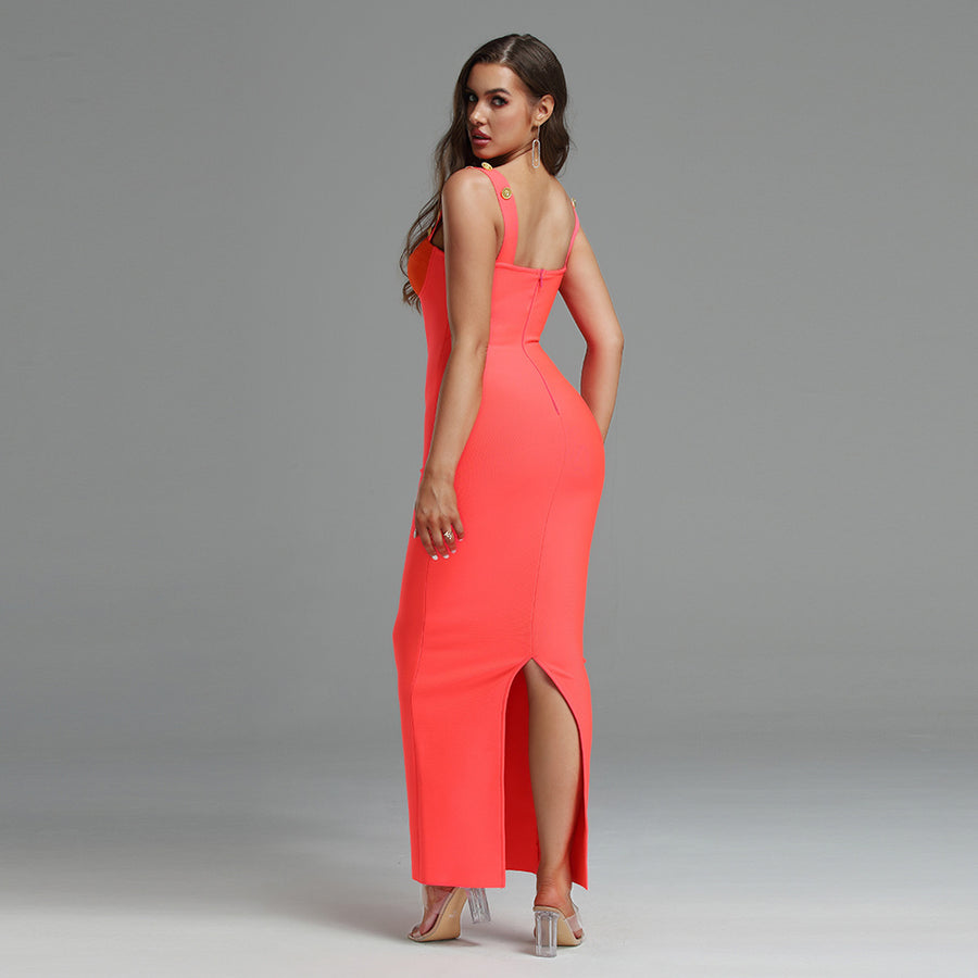 LLstyle Neon Coral Embellished Bustier Maxi Dress