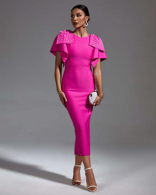 LLstyle Fuchsia Pearl Cape Sleeve Midi Dress