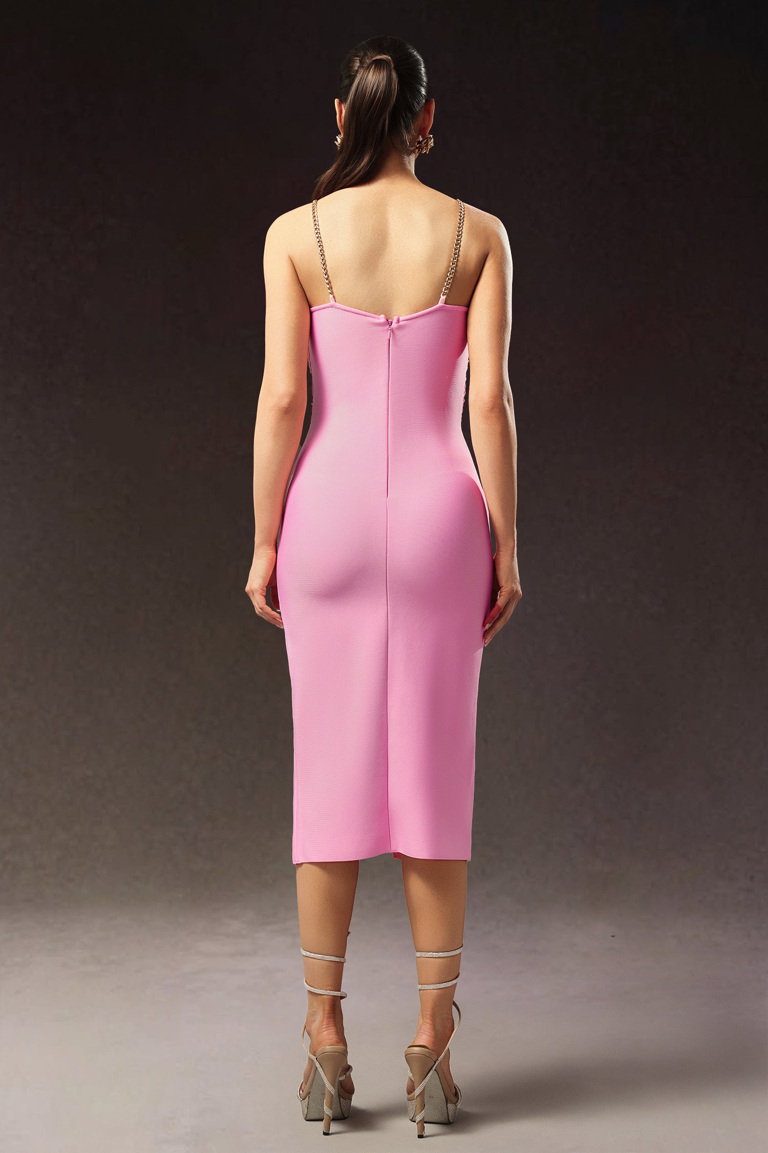 LLstyle Pink Cutout Crystal Accent Midi Dress