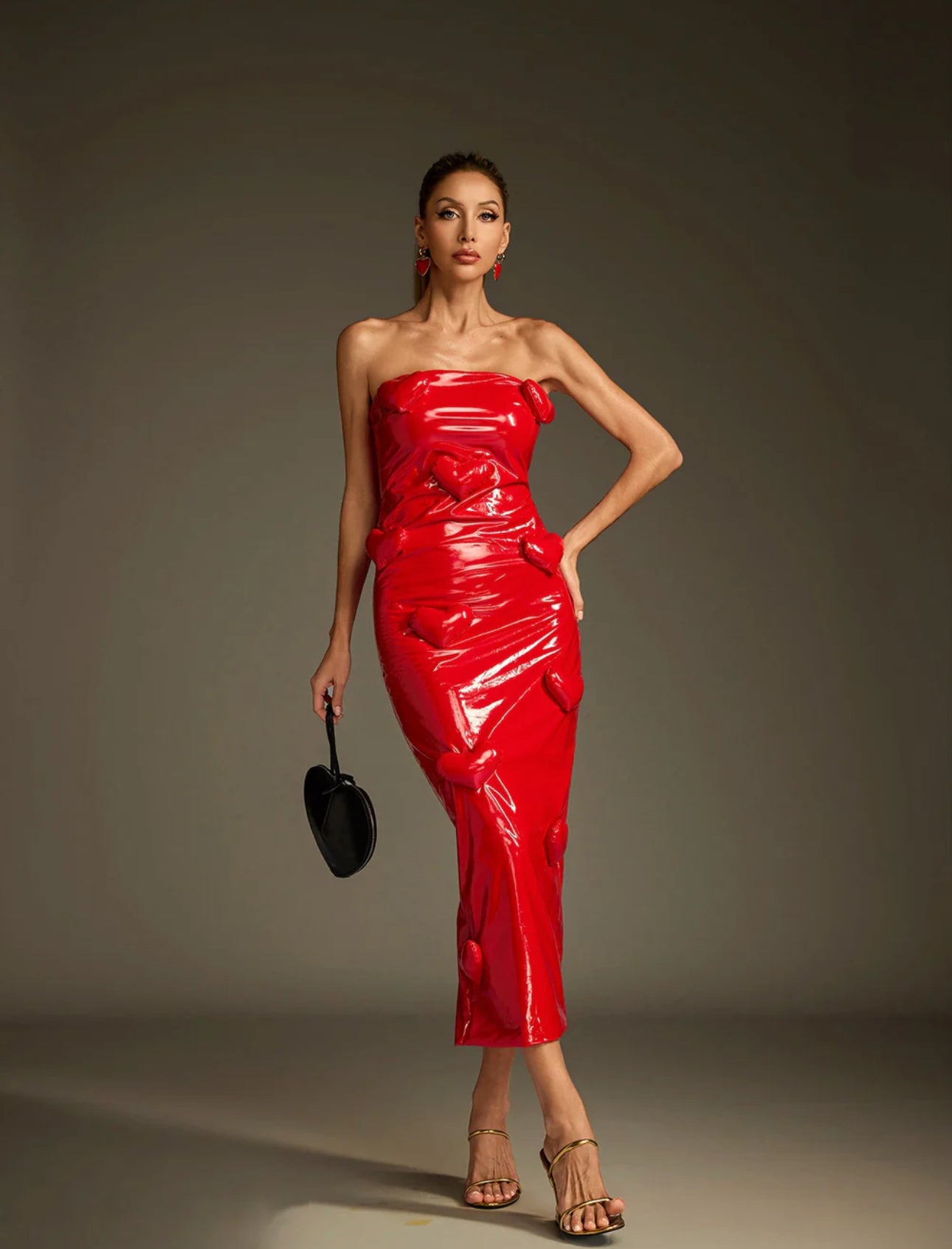 Llstyle Red Vinyl Heart Strapless Maxi Dress
