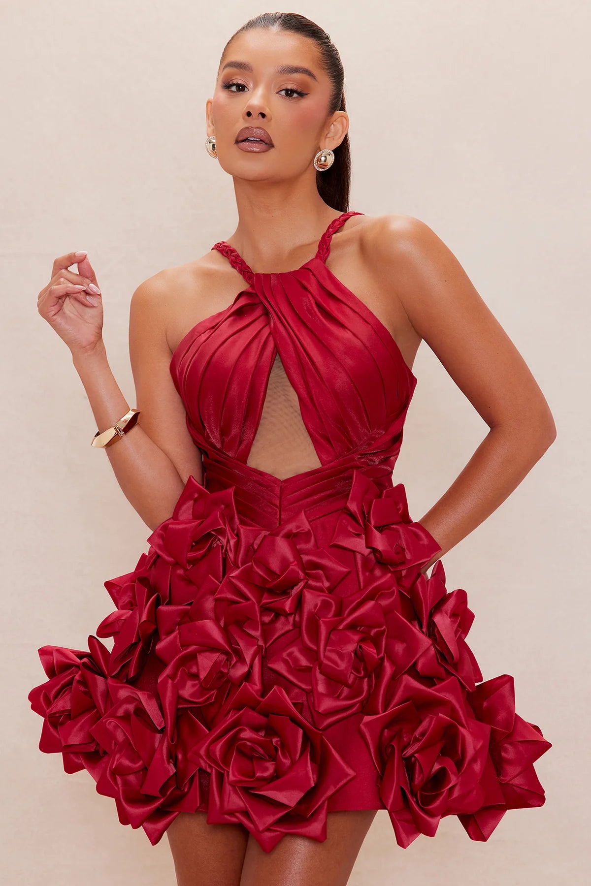 LLstyle Sculpted Rosette Halter Mini Dress
