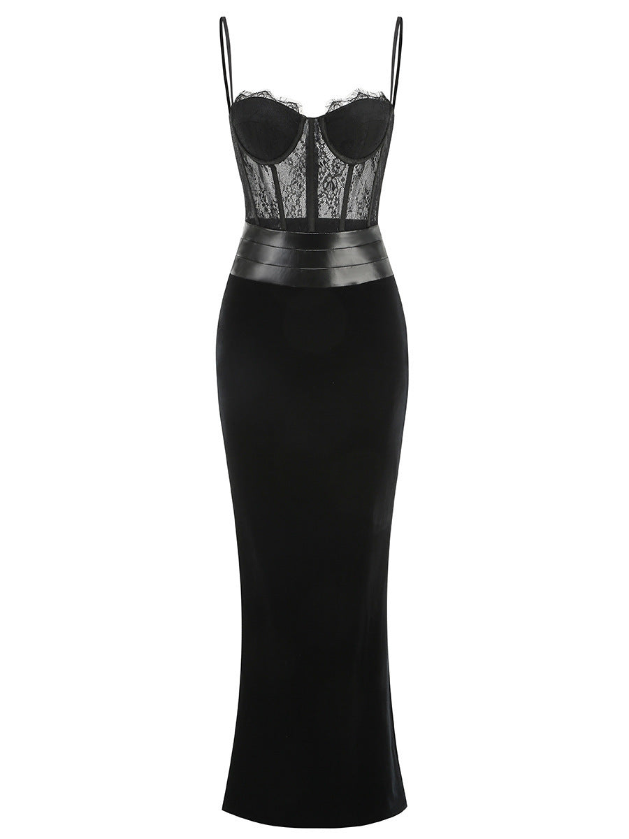 LLstyle Lace Corset Leather-Trim Maxi Dress