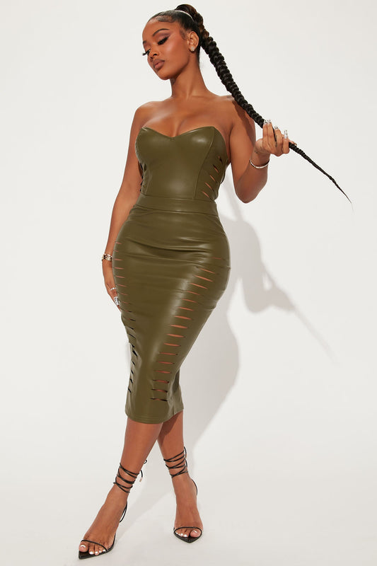 She's A Baddie Faux Leather Midi Dress