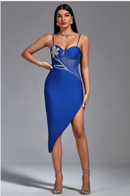 LLstyle Blue Asymmetric Flower Appliqué Dress