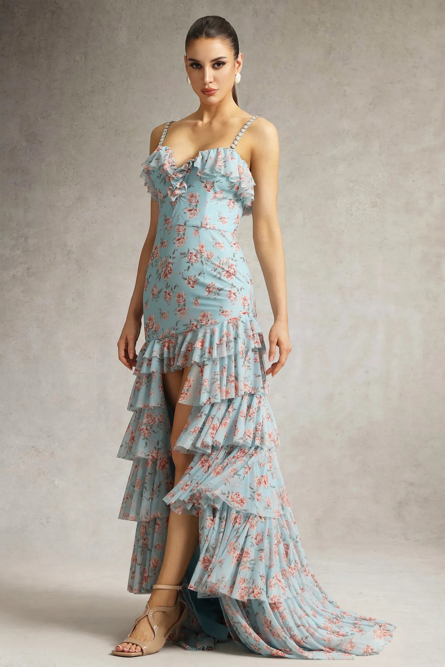 LLstyle Azure Bloom High-Low Ruffle Gown