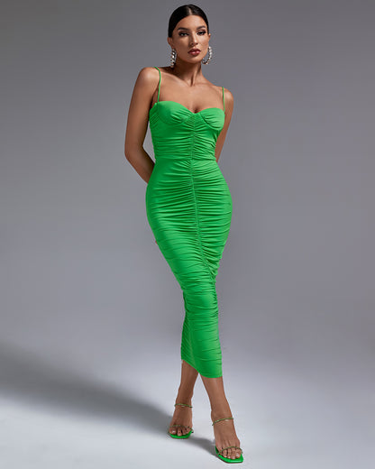 LLstyle Green Ruched Spaghetti Strap Midi Dress