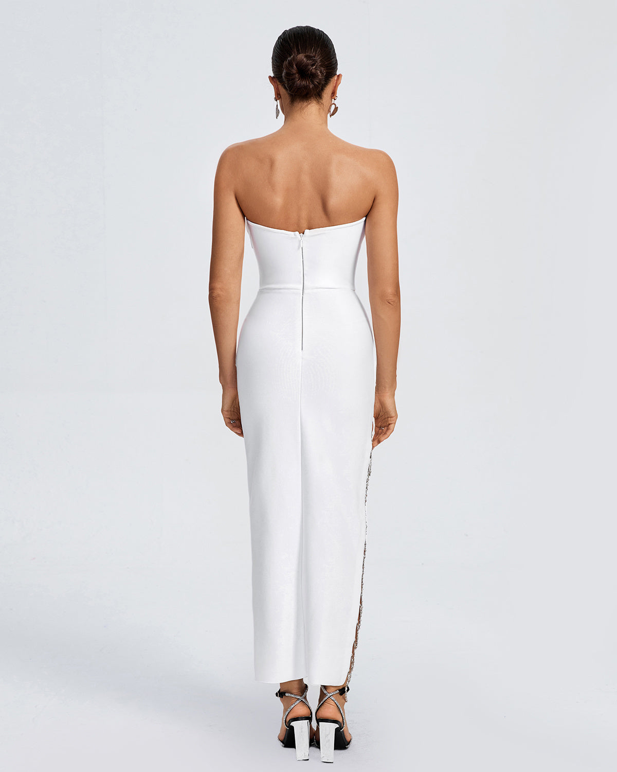 LLstyle White Strapless Crystal-Slit Midi Dress