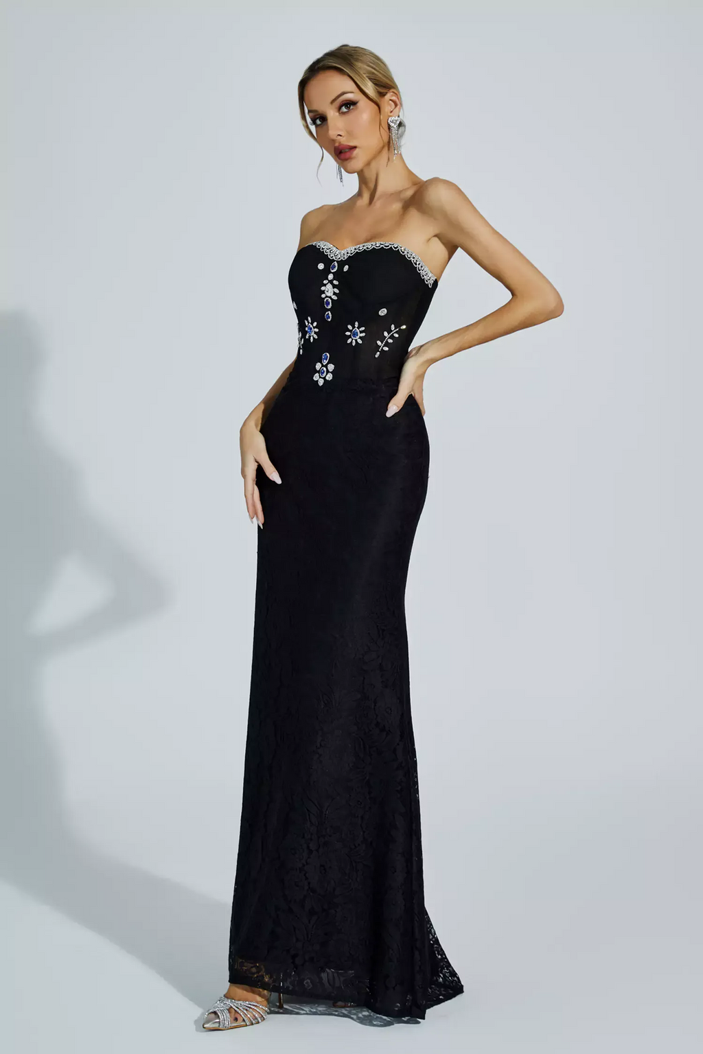 LLstyle Black Strapless Embellished Evening Gown