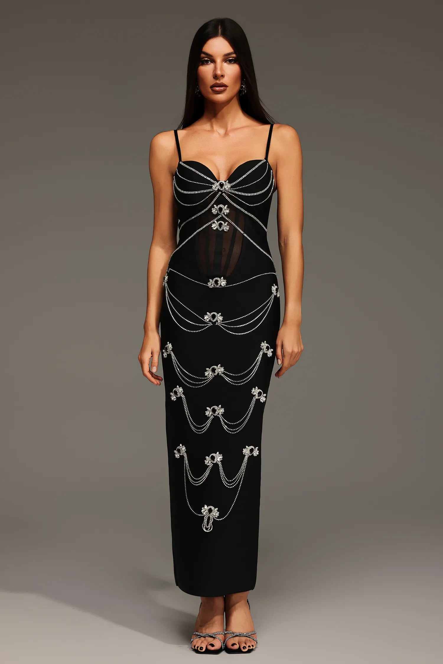 LLstyle Crystal Chain Embellished Sheer Panel Maxi Dress