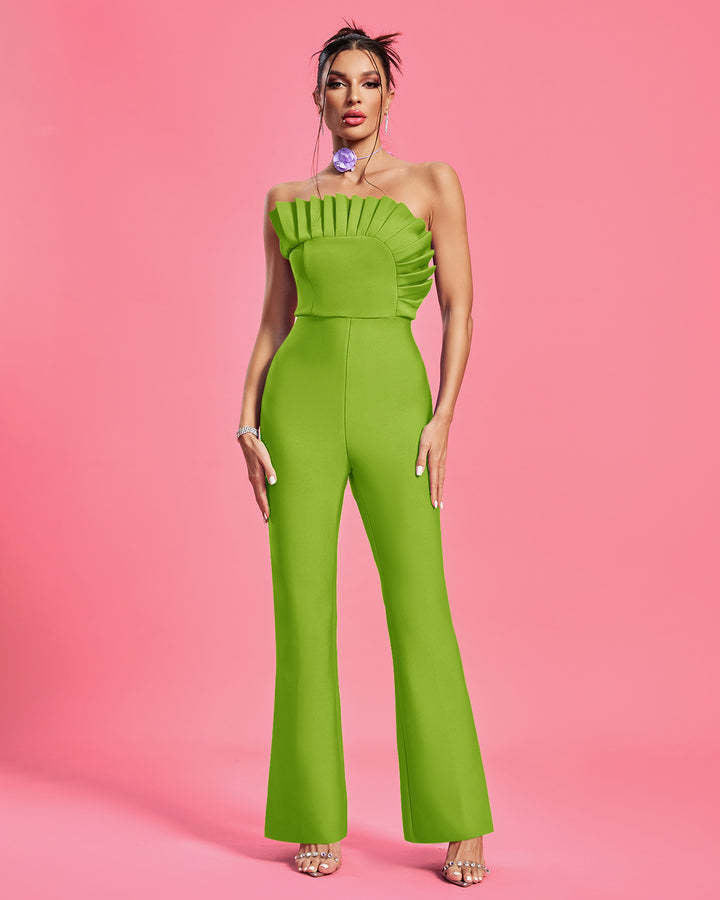LLstyle Green Strapless Ruffle-Bodice Wide-Leg Jumpsuit