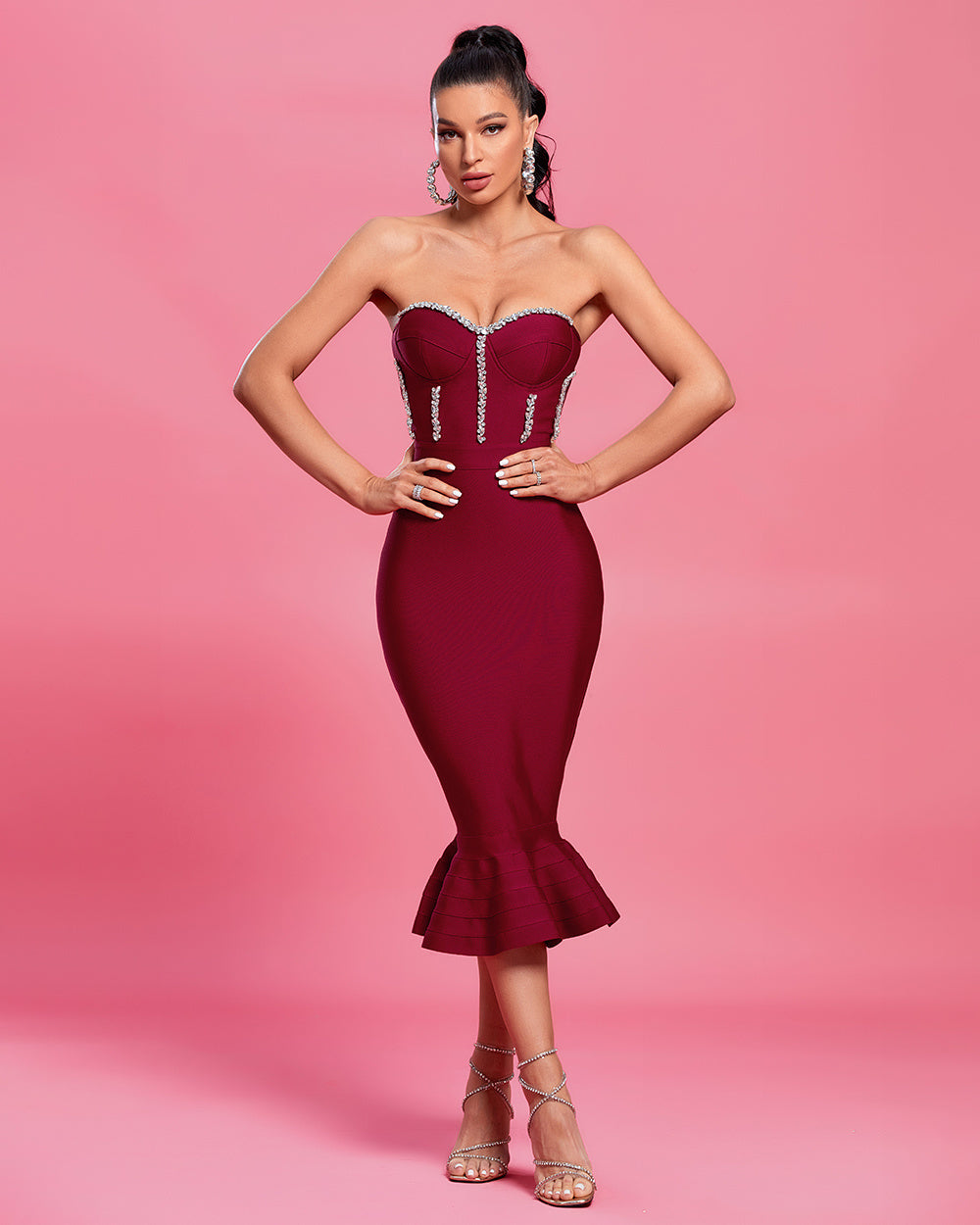 LLstyle Strapless Embellished Midi Dress