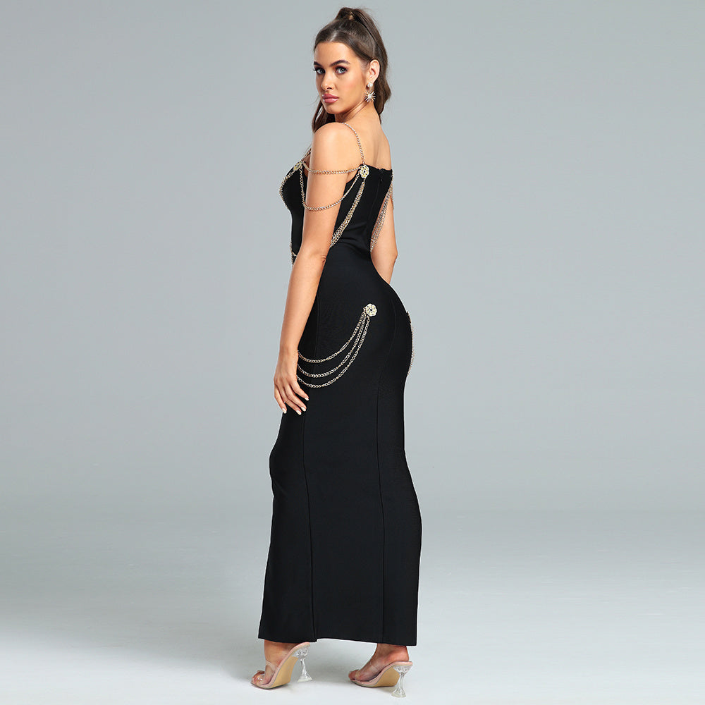 LLstyle Black Chain Embellished Gown