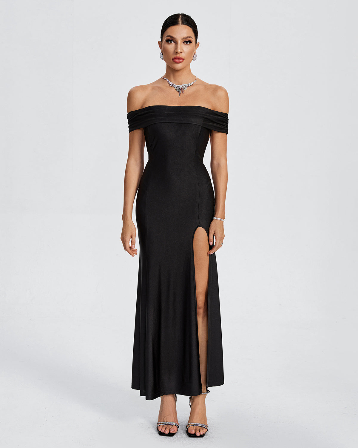 LLstyle Off-Shoulder Black Slit Evening Gown