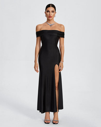 LLstyle Off-Shoulder Black Slit Evening Gown