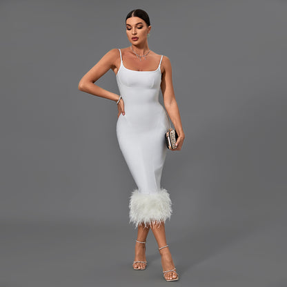 LLstyle White Feather-Hem Midi Dress