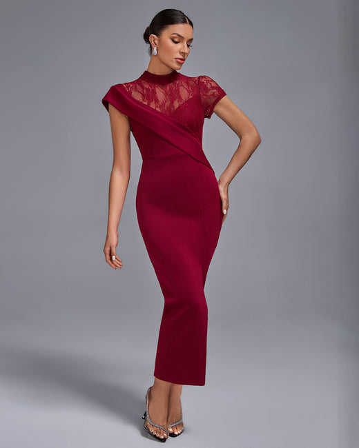 LLstyle Burgundy Lace Panel Asymmetrical Midi Dress