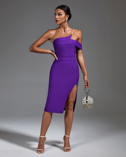 LLstyle Purple One Shoulder Slit Midi Dress