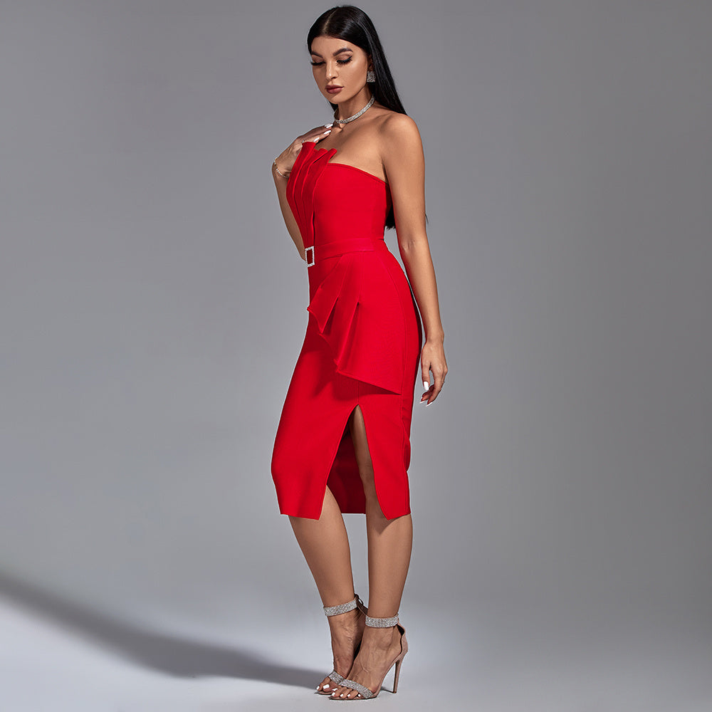LLstyle Elegant Red Strapless Ruffle Midi Dress