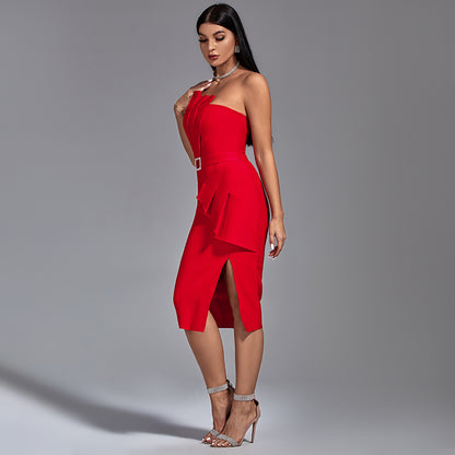 LLstyle Elegant Red Strapless Ruffle Midi Dress